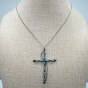 Sterling Silver Native American Petite Point Turquoise Cross Pendant Necklace